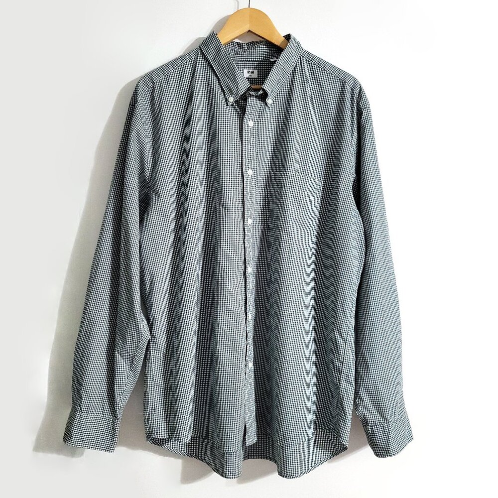 Uniqlo Mens Cotton Long Sleeve Button Up Shirt Size 2XL Dark Green Gingham Check